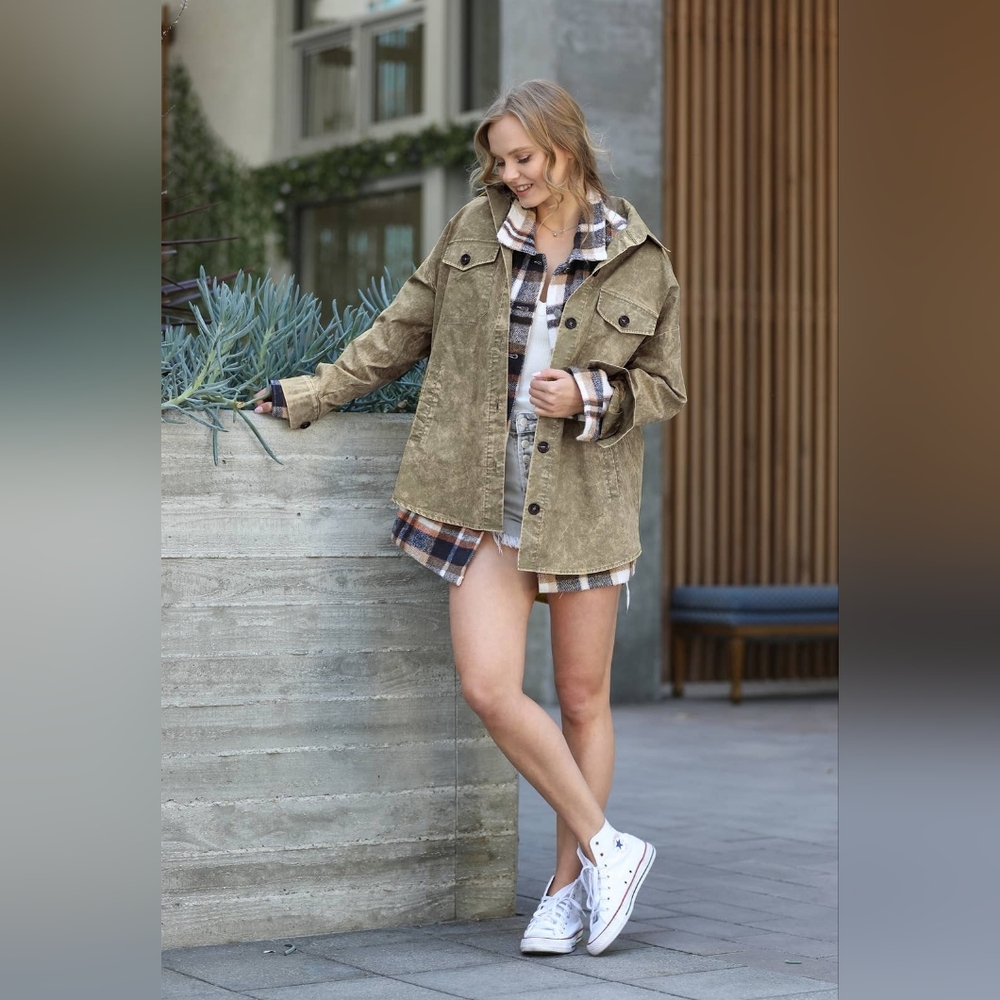 Oversized Vintage Washed Shacket Olive